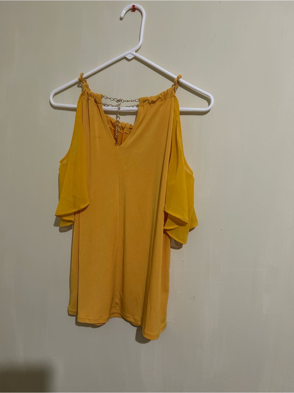 Mustard Cold-Shoulder Blouse with Chain Detail